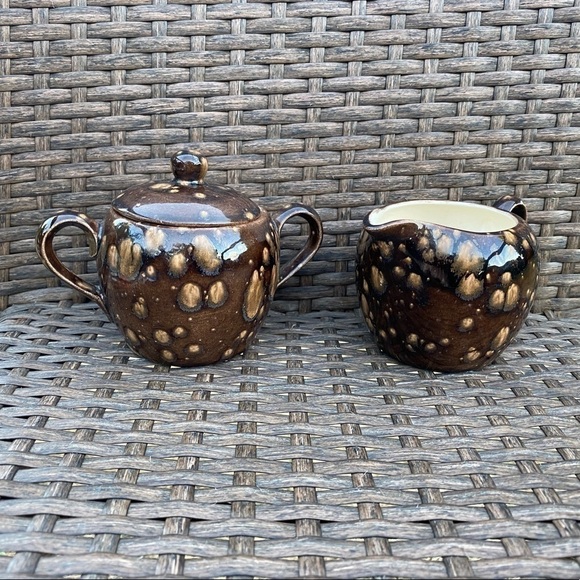 arnels 1970s Ceramic Creamer & Sugar Bowl Set Brown/Orange/Gold Coffee Tea VTG - Picture 2 of 9